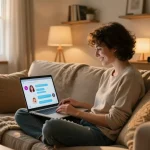 Engaging in a free ai sex chat on a cozy couch, warm inviting atmosphere.