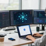 快连 software application in a modern workspace with screens displaying connectivity solutions.