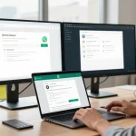 User engaged with WhatsApp網頁版 on laptop in a modern workspace, displaying messaging and notifications.