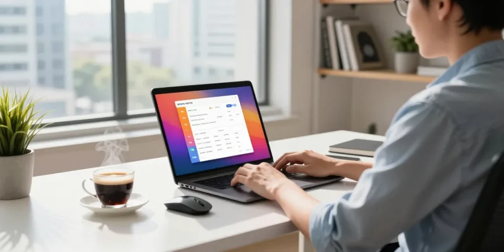 The 快连 VPN interface displayed on a laptop in a modern home office, showcasing a productive tech workspace.