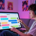 Engaging AI ecchi chat scene with colorful characters and a user immersed in a lively digital conversation.