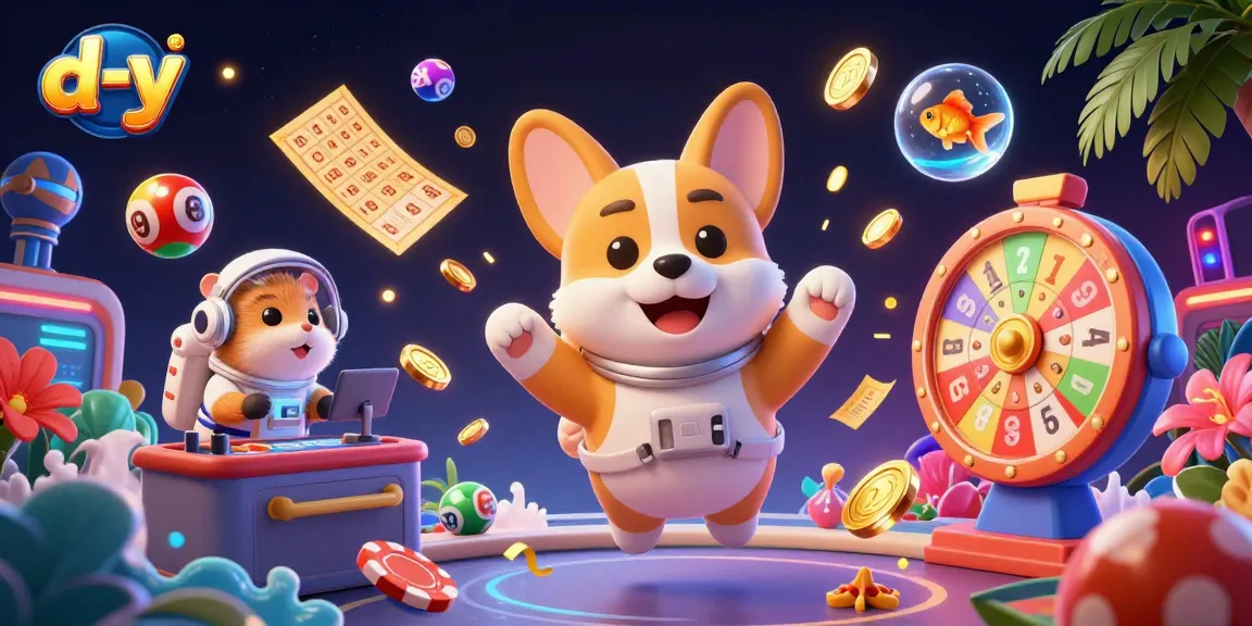 Engage in thrilling gaming with d-y as the astronaut corgi floats in a casino with vibrant lottery elements.