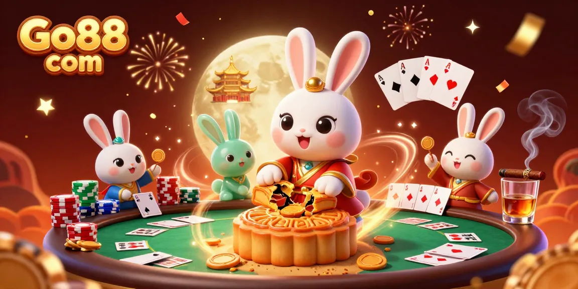 Experience fun at Go88 com with a playful moon rabbit theme, revealing poker chips amid vibrant celebration.