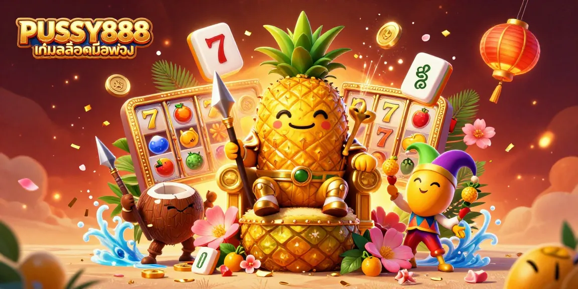 PUSSY888 เกมสล็อตมือถือ spins into action with a vibrant casino scene featuring exciting characters and elements.
