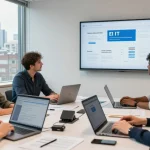 London business IT support team collaborating on solutions in modern office setting