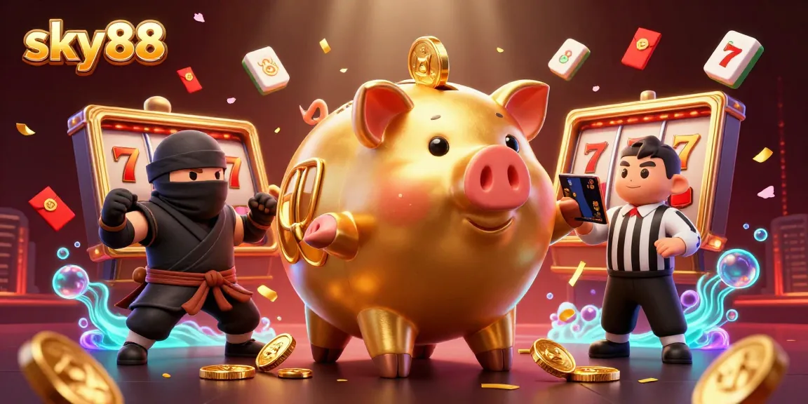 Win big at sky88 with a thrilling 3D illustration of lively casino excitement featuring iconic elements and characters.