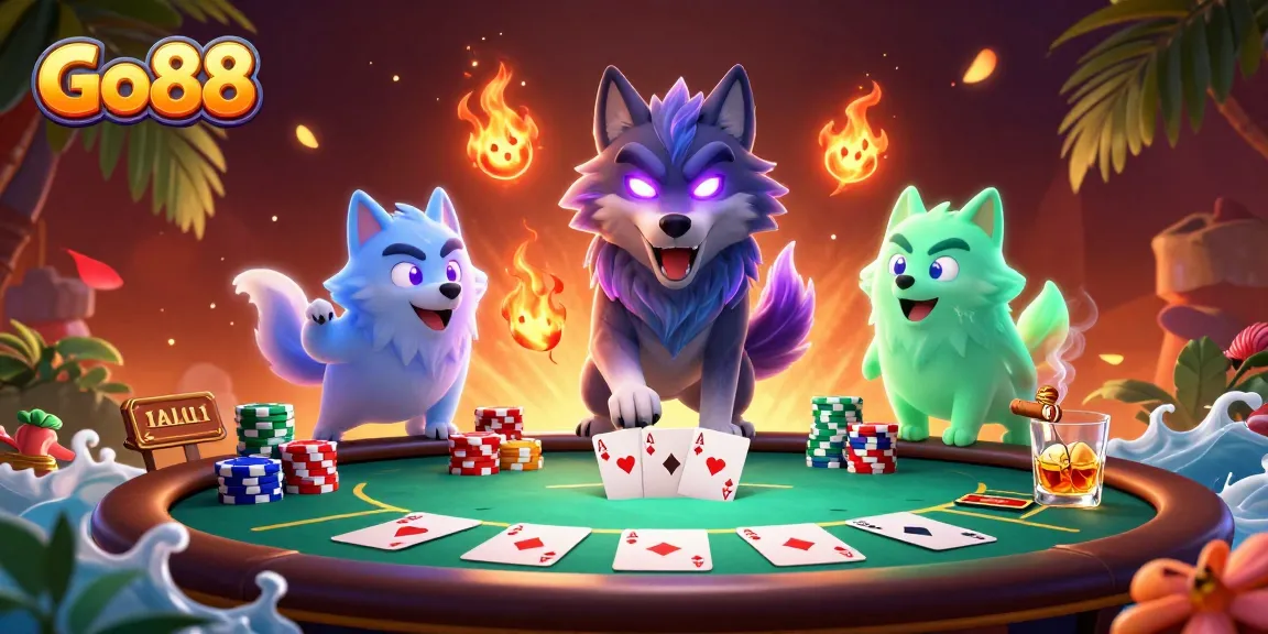 Engage in thrilling poker action at Go88, with ghostly wolves and vibrant casino elements.