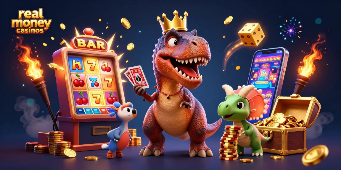 Engage with real money casinos featuring a T-Rex shuffling cards and a pterodactyl in vibrant 3D!