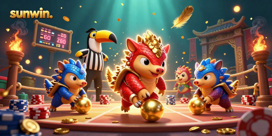 Engaging sunwin gaming experience as rival pangolins compete amidst vibrant casino elements.