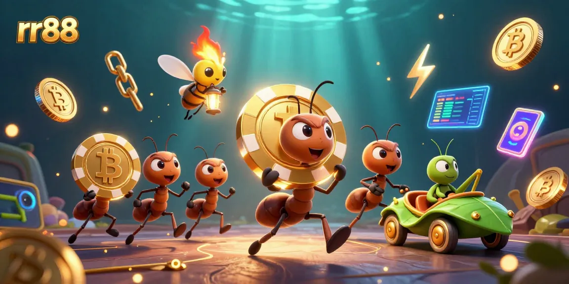 Ants on an exciting heist transporting a massive golden poker chip at rr88, illustrating digital gaming elements.