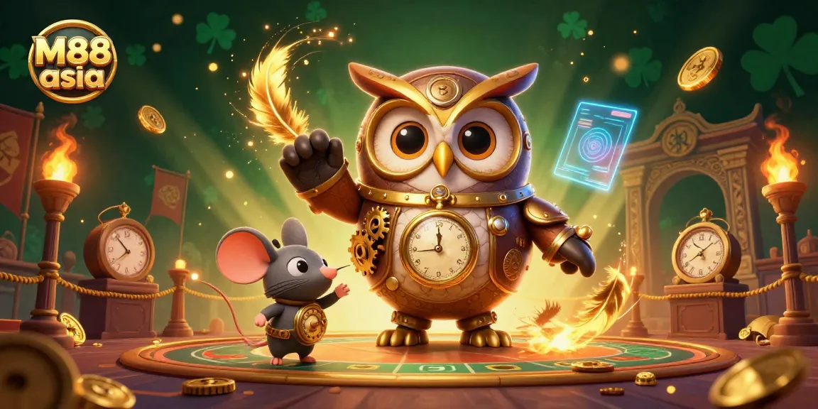 Experience the excitement of M88 asia with a lively steampunk casino scene featuring a time-traveler owl and gaming elements.