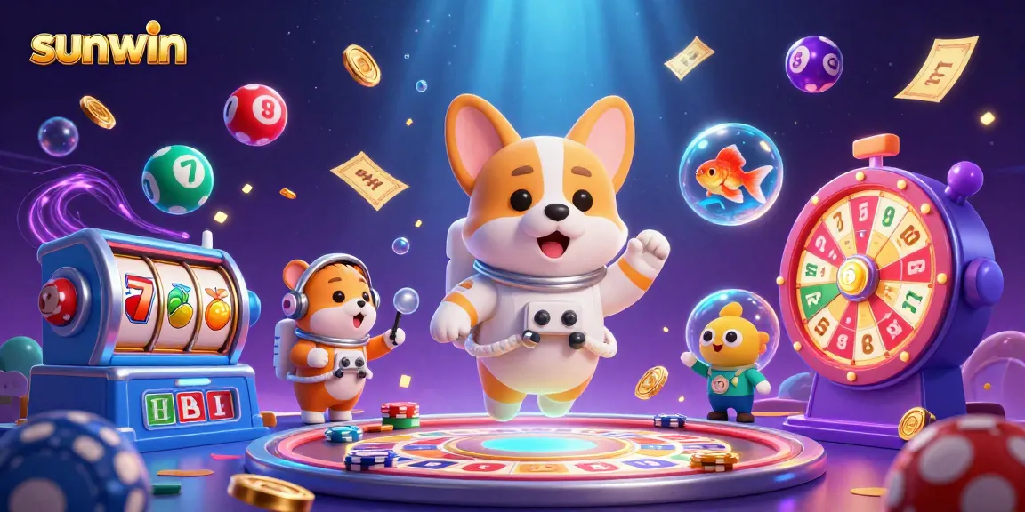 Sunwin's dynamic gaming scene with floating characters amidst colorful casino elements.