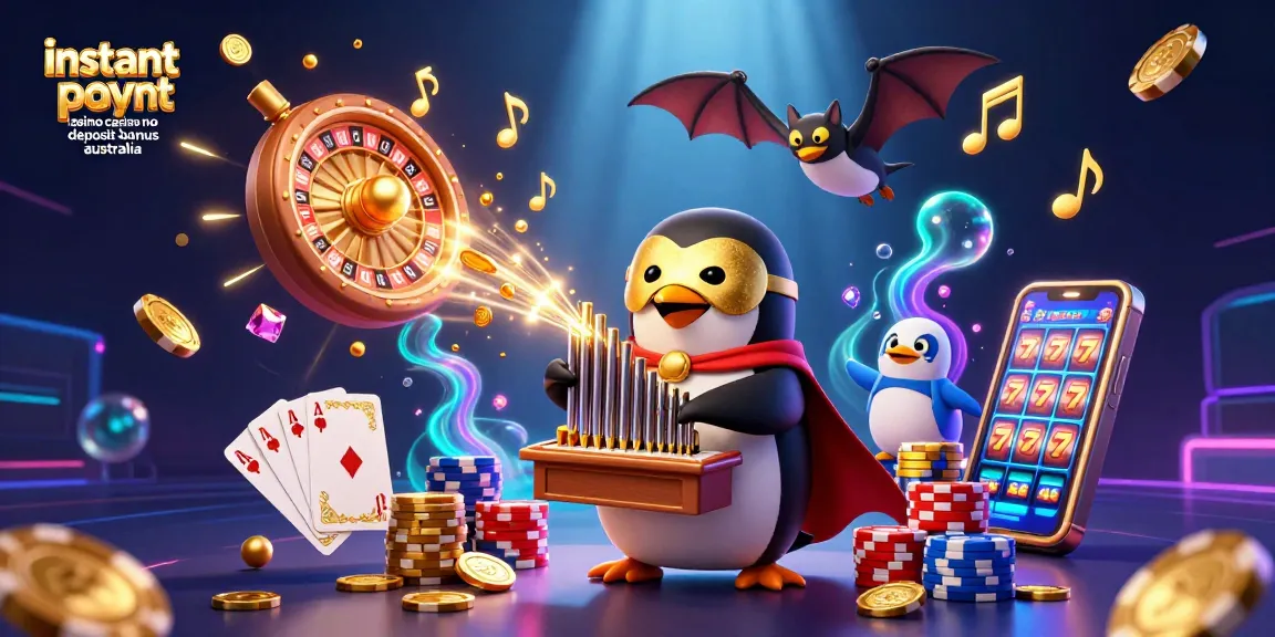 Play at instant payout casino no deposit bonus Australia with a penguin and bat-themed illustration.