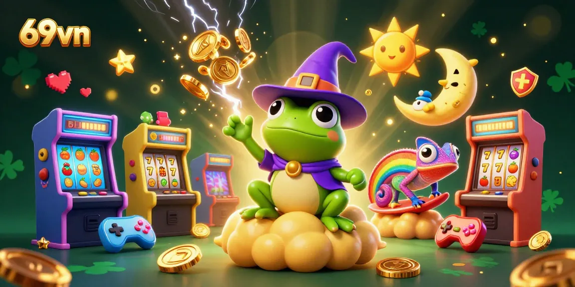 Experience winning spins at 69vn with a vibrant storm of golden coins amid enchanting characters.