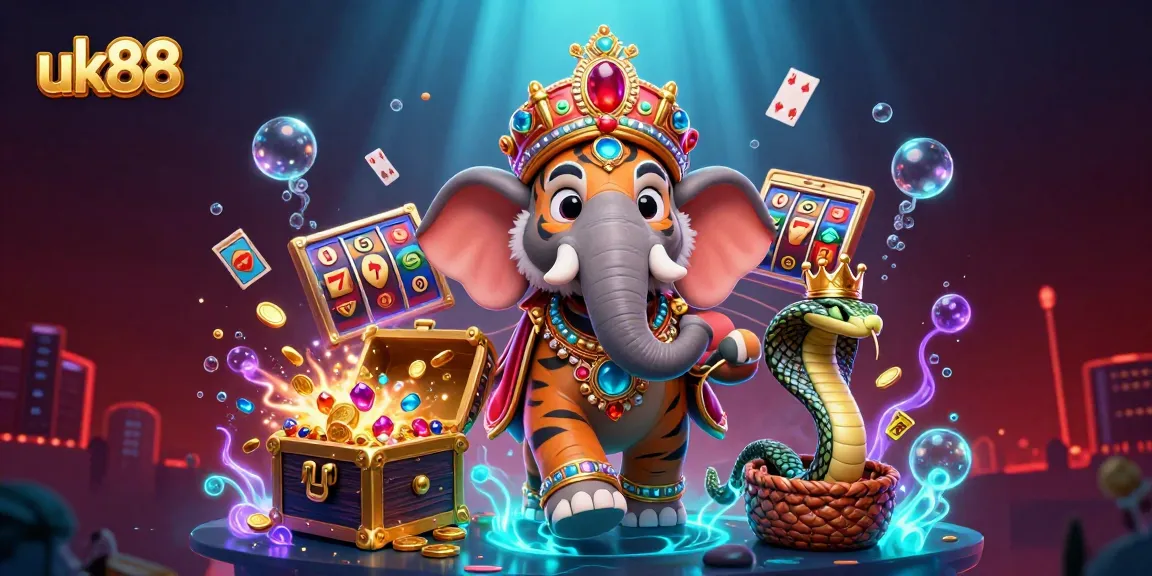 Engage with uk88's vibrant casino world featuring energetic characters amidst gaming elements and treasures.