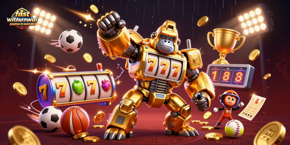 Engage with fast withdrawal casinos in Australia, featuring a dynamic golden gorilla mech and vibrant slot machine elements.