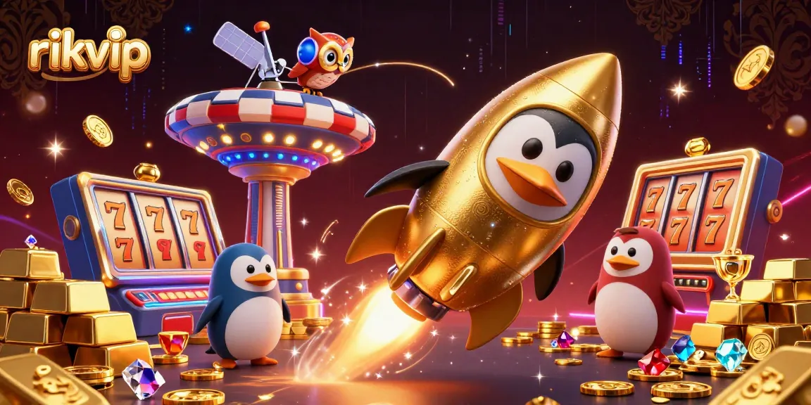 Experience thrilling gaming at rikvip casino with a golden penguin and jackpot excitement!