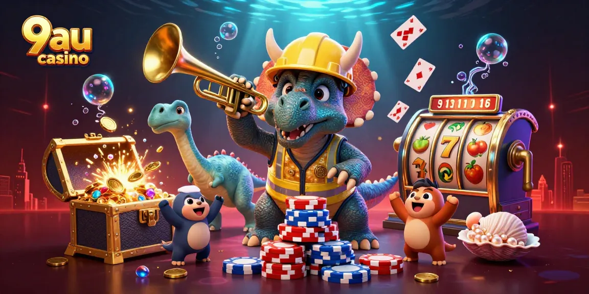 Celebrate at 9au casino with a dynamic scene of cartoon dinosaurs and vibrant gaming elements.