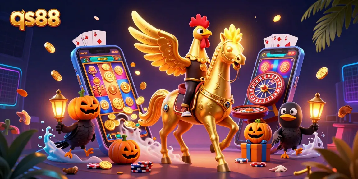 Experience jackpots at qs88 with a golden rooster in a magical casino backdrop.