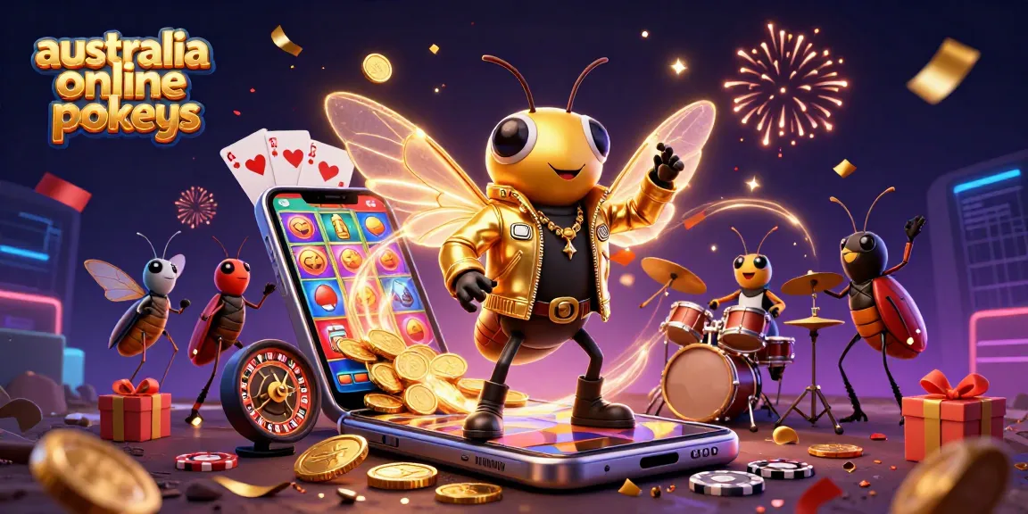 Celebrate with colorful australia online pokies as a cicada rock star emerges amidst slot games and vibrant casino elements.